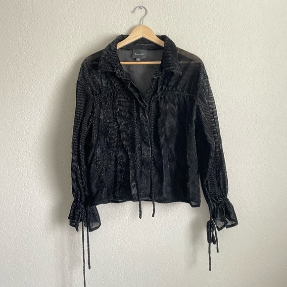 Line and Dot Blouse Womens Medium Michelle Velvet Striped Romantic Sheer Top - Picture 1 of 8